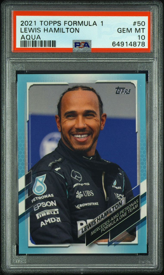 Lewis Hamilton 2021 Topps Formula 1 #50 PSA 10 Aqua Sports Trading Card
