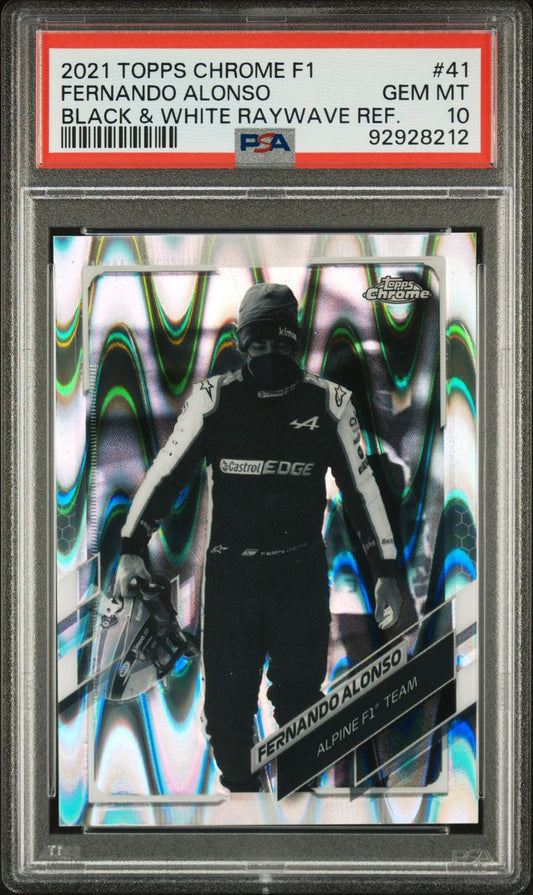 Fernando Alonso 2021 Topps Chrome F1 #41 B&W Raywave Refractor PSA 10 Gem Mint