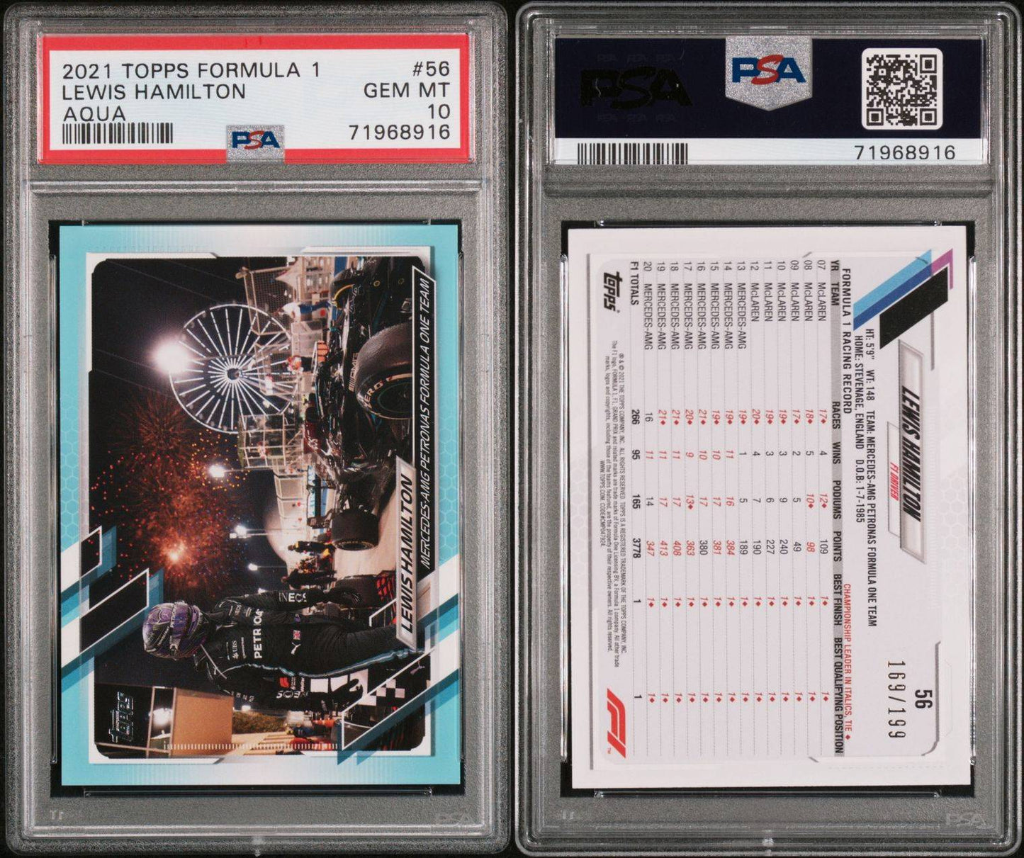 Lewis Hamilton 2021 Topps F1 #56 Hamchella 169/199 Aqua PSA 10 Gem Mint