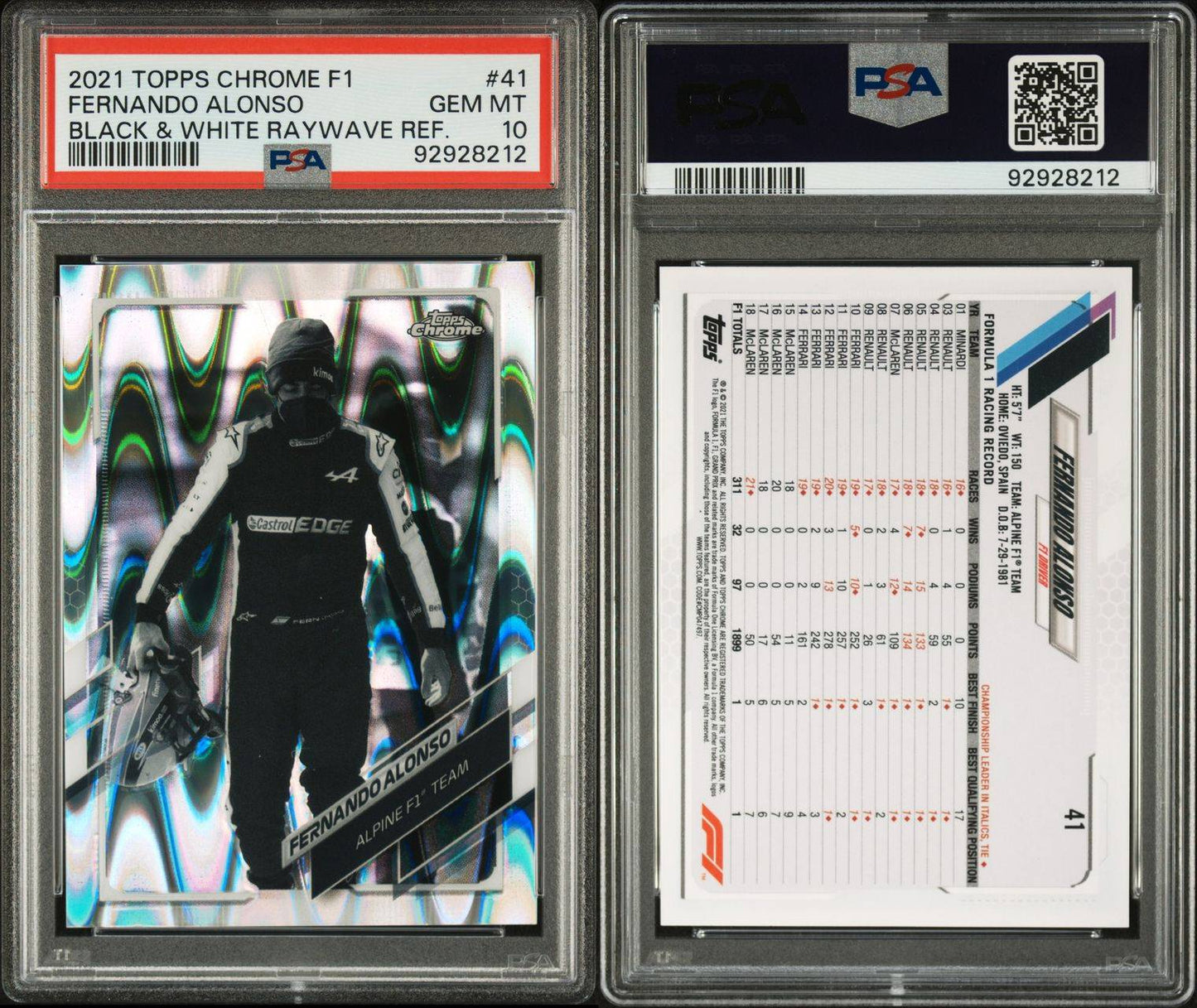 Fernando Alonso 2021 Topps Chrome F1 #41 B&W Raywave Refractor PSA 10 Gem Mint